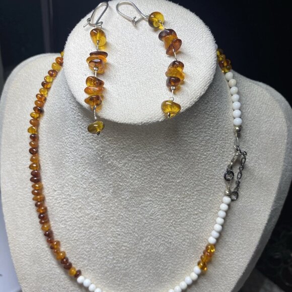 Amber Bead Necklace with Earrings, Sterling Silver 925, 18” Chain - Picture 11 of 11